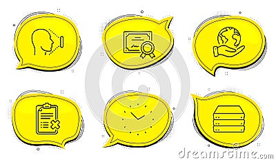 Time, Reject checklist and Servers icons set. Face id sign. Clock, Decline file, Big data. Vector Vector Illustration