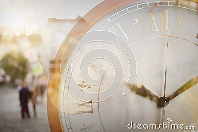 Time related concepts. People walking in city and clock, blurred view. Double exposure Stock Photo