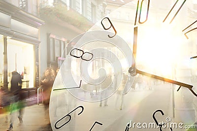 Time related concepts. People walking in city and clock, blurred view. Double exposure Stock Photo