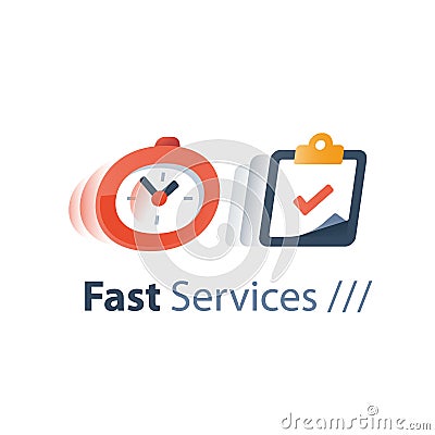 Messenger delivery period, fast service, time running, stopwatch in motion, deadline concept, quick survey, enrollment time limit Vector Illustration