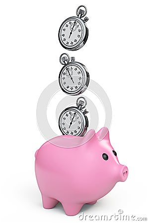 Time Save Concept. Piggy Bank with Stopwatch Stock Photo