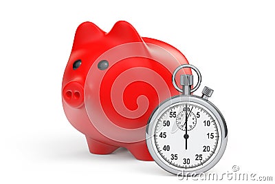 Time Save Concept. Red Piggy Bank with Stopwatch Stock Photo
