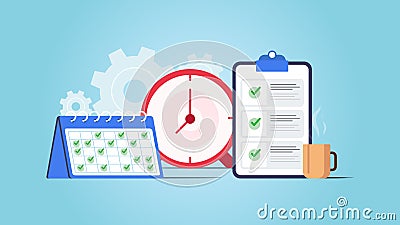 Time Scheduling vector illustration with calendar, clock and to do list element. Vector illustration with setting icon and blue Vector Illustration