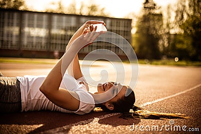 Time for self picture. Young sport woman. Stock Photo