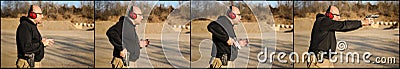 Time sequence of man pulls out a gun at outdoor shooting range Stock Photo