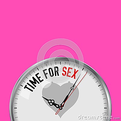 Time for Sex. White Vector Clock with Motivational Slogan. Analog Metal Watch with Glass. Heart and Boobs Icon Vector Illustration