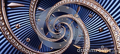 Time spiral clock concept. Round blue diamond golden clock with hands twisted to surreal spiral. Abstract watch background with tw Stock Photo