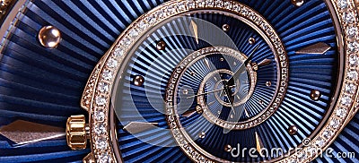 Time spiral concept. Round blue diamond golden clock with hands twisted to surreal spiral. Abstract watch background with twisted Stock Photo