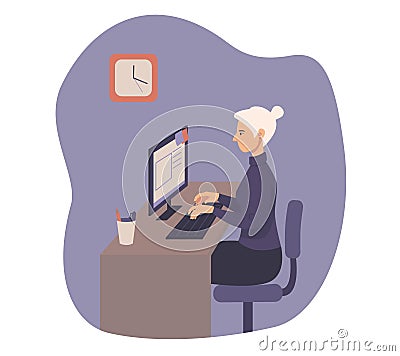 Confident grey haired businesswoman work on computer at home vector Vector Illustration