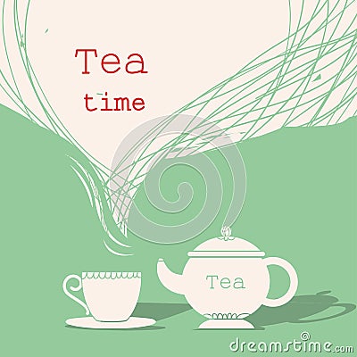 Time for tea.Cup of tea and teapot silhouette illustration for t Vector Illustration