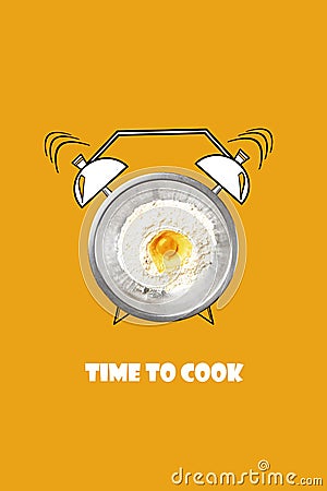 Time to cook. Breakfast time. Flour and egg in a white bowl and painted alarm clock. Concept. Illustration Stock Photo