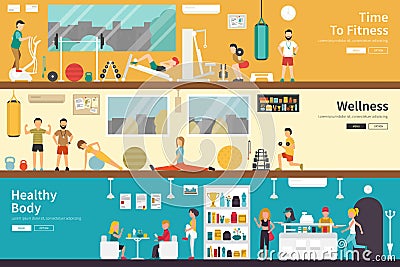 Time To Fitness Wellness Healthy Body flat interior outdoor concept web Vector Illustration