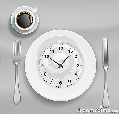 Time to have lunch vector poster banner template. Plate with clock, fork and knife, cup of coffee, top view illustration Cartoon Illustration