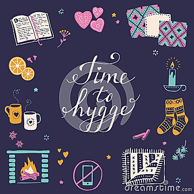 Time to Hygge background. Cozy home things. Danish living concept. Vector Illustration