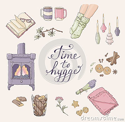 Time to Hygge. Cozy home things. Handdrawn card Vector Illustration