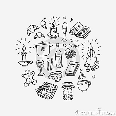 Time to Hygge. Hand drawn icons set Vector Illustration