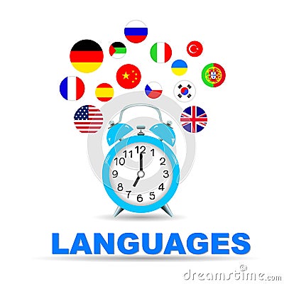 Time to learn languages. Questions in the study of world languages. Cartoon Illustration