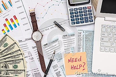 Time to pay taxes, `need help` reminder on 1040 form Editorial Stock Photo