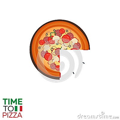 Time to pizza. Watch. Fast food. Vector flat illustration. Cartoon Illustration