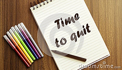 Time to quit . your future target searching, a marker, pen, three colored pencils and a notebook for writing Stock Photo