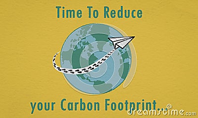 Time to reduce your Carbon footprint text with paper plane flying around the earth leaving black carbon footprints in vapour trail Cartoon Illustration