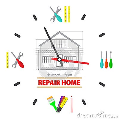 Time to repair home concept. Watch dial is a tools for repairing. Professional remodel services logo. Vector Illustration