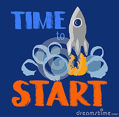 Time to start, text, missile, color image. Vector Illustration