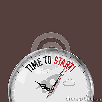 Time to Start. White Vector Clock with Motivational Slogan. Analog Metal Watch with Glass. Rocket, Startup Icon Vector Illustration