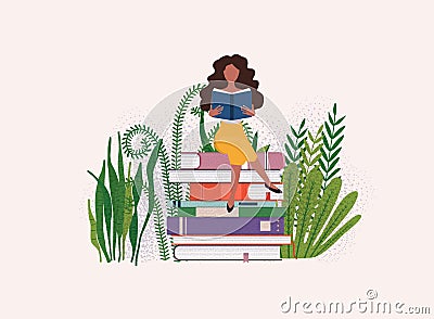 Time to studying. Girl reading a book. Science concept with book icons..Flat design modern vector illustration concept Vector Illustration