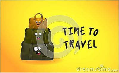 Time to travel. Advertising for a travel agency. Funny postcard for tourists. Suitcase character Vector Illustration