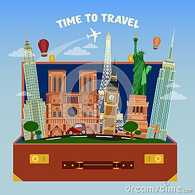 Time To Travel Banner. Suitcase Full of World Famous Places Vector Illustration