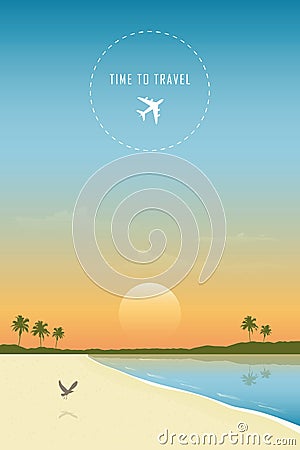 Time to travel beautiful palm beach by the ocean Vector Illustration