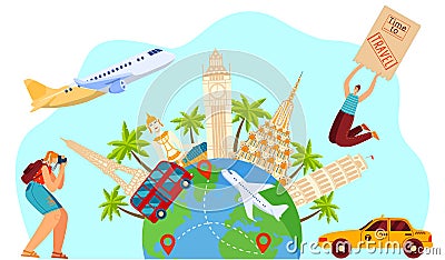 Time to travel concept, happy excited tourist people, sightseeing journey around world, vector illustration Vector Illustration