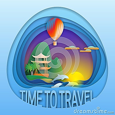 Time to travel emblem template. Sunset with hot air balloon, dolphins, pagoda near mountain and palm trees. Vector Illustration