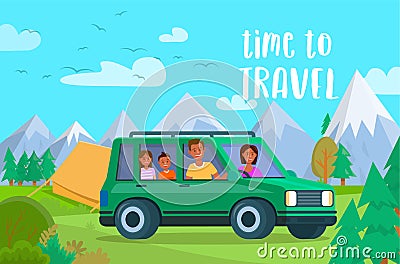 Time to Travel Horizontal Banner. Family Vacation. Vector Illustration