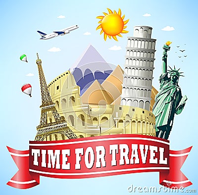 Time to Travel Red Ribbon with Famous Landmarks Vector Illustration