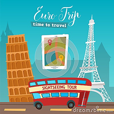 Time to Travel. Travel by Bus. Euro Trip. Travel banner Vector Illustration