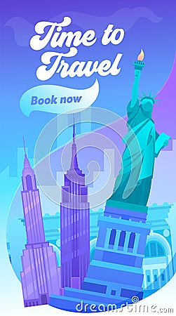 Time to Travel Typography Banner. Visit Big City in United State of America. New York has Sight Like Brooklyn Bridge, Central Park Vector Illustration