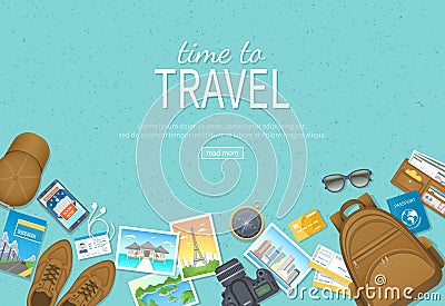 Time to travel, vacation, journey. Travel planning, preparing, packing check list, booking hotel. Ð¡amera, photos, air ticke Vector Illustration