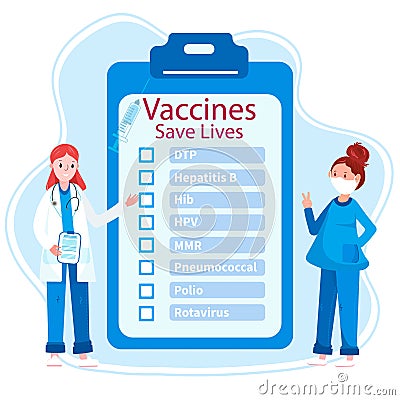 Time to vaccinate. Check list with vaccines, as Polio, DTP, Hepatitis B, HPV, MMR, HIB,etc. Doctor show vaccines save Vector Illustration