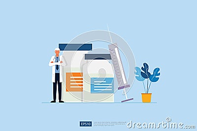 Time to vaccinate concept with doctor, medical injection and vial of medicine. vaccine medicine bottle treatment for coronavirus Vector Illustration