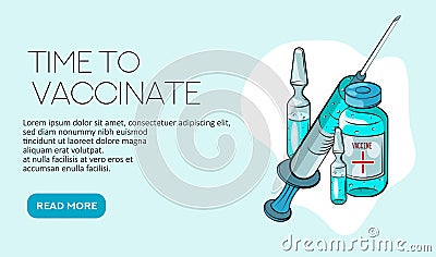 Time to vaccinate. Landing page template. Flat cartoon concept for web design. Vector illustration. Ampoule, Syringe with vaccine. Vector Illustration