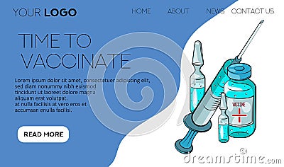 Time to vaccinate. Landing page template. Flat cartoon concept for web design. Vector illustration. Ampoule, Syringe with vaccine. Vector Illustration