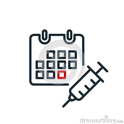 Time to Vaccinate line icon. Calendar with Syringe. Vaccine for Influenza, Measles, Covid or Coronavirus. Vaccination Vector Illustration