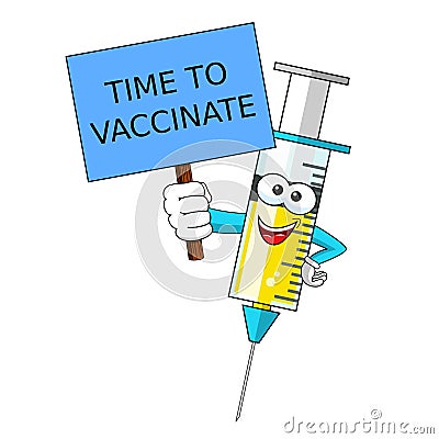 Time to vaccinate Smiling cartoon character mascot medical syringe vaccine banner vector illustration isolated Vector Illustration