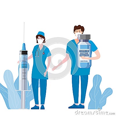 Time To Vaccination for immunity health, doctor and nurse, syringe and bottle, vaccine of of flu. Healthcare Vector Illustration