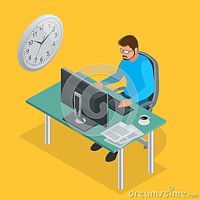 Time to work or Time management project plan schedule. Sand clock flat 3d vector isometric illustration. Business man Vector Illustration