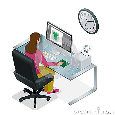 Time to work or Time management project plan schedule. Sand clock flat 3d vector isometric illustration. Business woman Vector Illustration