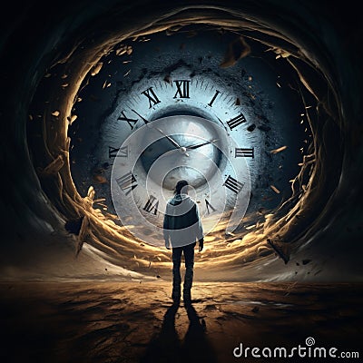 time travel concept. Man silhouette walking a dirt path at night. Glowing clock face. Cartoon Illustration