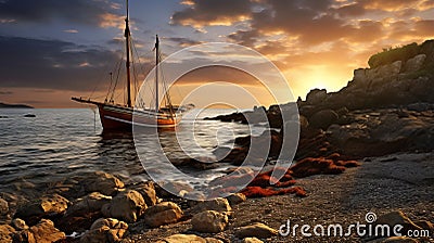 Stunning Photo-realistic Landscape: Red Sail Boat On Rocks Stock Photo